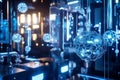 A high-tech research lab where quantum particles are analyzed within hexagonal containment fields.