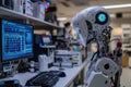 High-tech robot operating amidst advanced laboratory equipment and interactive computer interfaces Royalty Free Stock Photo