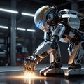 A high-tech robot performing tasks in a clean, industrial environment with dynamic lighting.