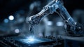 High-Tech Robotic Arm Performing Precision Microchip Assembly with Visible Internal Circuitry and Laser Sparks Royalty Free Stock Photo