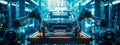 Robotic arms assembling car in futuristic automotive factory with advanced technology