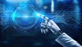 High tech robotic fingers interacting with digital interface, showcasing next gen AI technology and innovation