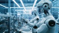 A high-tech robotics lab, engineers working on advanced AI machines. Resplendent. Royalty Free Stock Photo