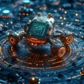 A high-tech rover navigates a glowing digital terrain, showcasing advanced technology, exploration, and futuristic robotics in a