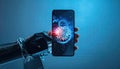 Futuristic Robotic Hand Grasping a Smartphone with Digital Lock Visual Royalty Free Stock Photo