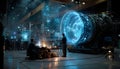 A high-tech scene in a workshop features engineers working on a jet engine, illuminated by sparks and futuristic Royalty Free Stock Photo