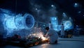 A high-tech scene in a workshop features engineers working on a jet engine, illuminated by sparks and futuristic Royalty Free Stock Photo