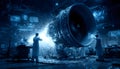 A high-tech scene in a workshop features engineers working on a jet engine, illuminated by sparks and futuristic Royalty Free Stock Photo
