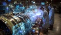 A high-tech scene in a workshop features engineers working on a jet engine, illuminated by sparks and futuristic Royalty Free Stock Photo