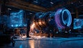 A high-tech scene in a workshop features engineers working on a jet engine, illuminated by sparks and futuristic Royalty Free Stock Photo