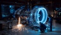 A high-tech scene in a workshop features engineers working on a jet engine, illuminated by sparks and futuristic Royalty Free Stock Photo