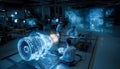 A high-tech scene in a workshop features engineers working on a jet engine, illuminated by sparks and futuristic Royalty Free Stock Photo