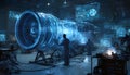 A high-tech scene in a workshop features engineers working on a jet engine, illuminated by sparks and futuristic Royalty Free Stock Photo