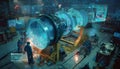 A high-tech scene in a workshop features engineers working on a jet engine, illuminated by sparks and futuristic Royalty Free Stock Photo
