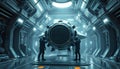 High-tech sci-fi repair bay inside a space station, engineers in exosuits working on a hovering spacecraft engine 2 Royalty Free Stock Photo