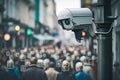 High-tech security camera in a busy street using facial recognition technology to monitor the population. Generative AI Royalty Free Stock Photo