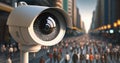 A high-tech security camera keeps a sharp eye on the activity of people on city street. Generative AI illustration Royalty Free Stock Photo