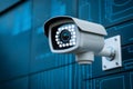 High tech security camera with LED lights against digital blue background Royalty Free Stock Photo