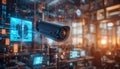 High-Tech Security Camera in Modern Office Environment Surrounded by Futuristic Digital Elements Royalty Free Stock Photo