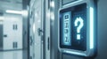 High-tech security panel with glowing digital question mark