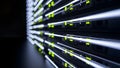 High-tech server rack with glowing green network cables in data center Royalty Free Stock Photo