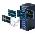 High-tech server racks displaying complex data graphs and waveforms for analysis Royalty Free Stock Photo
