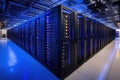 High-tech server room with advanced networking equipment and blue lightin Royalty Free Stock Photo