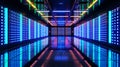 High-Tech Server Room Background with Cybersecurity and AI Concepts. Royalty Free Stock Photo