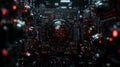 High-tech server room with a central, glowing red cyber core, symbolizing advanced cybersecurity.