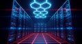Futuristic data center server room with glowing blue hexagon network cloud computing technology infrastructure Royalty Free Stock Photo