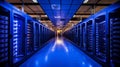High-tech server room with glowing blue lights showcasing advanced data storage technology Royalty Free Stock Photo
