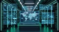High-tech server room with holographic showing global network monitoring and security data holographic global map Royalty Free Stock Photo
