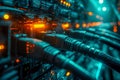 High-tech server room with illuminated network cables and glowing equipment for data processing Royalty Free Stock Photo