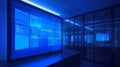 High-tech server room with multiple blue screens displaying code and data analytics at night Royalty Free Stock Photo
