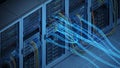 High-tech server room with organized cables and data transfer visualization Royalty Free Stock Photo