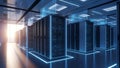 Futuristic Server Room with Glowing Blue Lights, Data Centers, Cloud Computing, AI Royalty Free Stock Photo