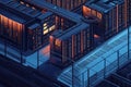 A futuristic server room illuminated by blue and orange lights features rows of servers Royalty Free Stock Photo