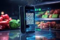 High-tech smartphone scanning QR code in a grocery store for order pickup in a smooth futuristic interface Royalty Free Stock Photo