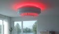 High-tech smoke detector with red warning lights installed on white ceiling in a modern home. Innovation smart safety system for Royalty Free Stock Photo