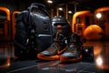 High-Tech Sports Gear: Basketball Shoes, Smartwatches, and Wireless Earbuds on Carbon Fiber Bag