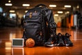 High-Tech Sports Gear: Basketball Shoes, Smartwatches, and Wireless Earbuds on Carbon Fiber Bag