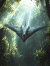 High-tech stealth bomber soars above lush jungle canopy during sunlight rays Royalty Free Stock Photo
