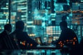 High-tech stock market trading hub with analysts reviewing data in a modern office