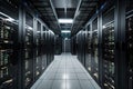 high-tech storage data center, with rows of servers and racks of equipment Royalty Free Stock Photo