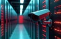 High-tech surveillance camera monitors server room. Advanced security system protects data center. Modern tech equipment glows in