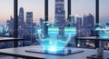 Futuristic holographic interface displaying data over city skyline view Royalty Free Stock Photo