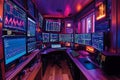 futuristic trading room with multiple computer monitors displaying stock market charts and data in a dimly lit environment Royalty Free Stock Photo