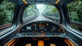 Exploring the Advanced Control Systems of Autonomous Transportation in a Futuristic Train Cockpit Surrounded by Lush Royalty Free Stock Photo