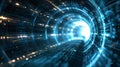 A high-tech tunnel with glowing lines leading into the horizon, providing a perspective effect with space for text in the Royalty Free Stock Photo