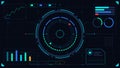 High-tech user interface dashboard showing analytical graphs and glowing circular radar elements Royalty Free Stock Photo